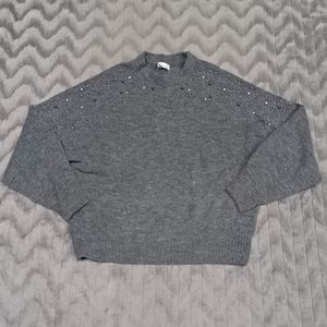 H&M Womens Size M Gray Long Sleeve Wool Blend Embellished Crewneck Sweater